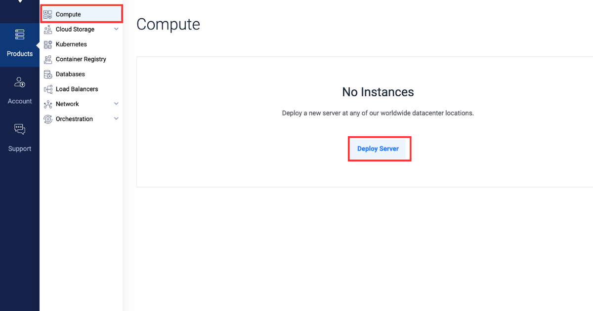 Vultr 客户门户计算侧边菜单的图像，用于部署新的云计算服务器