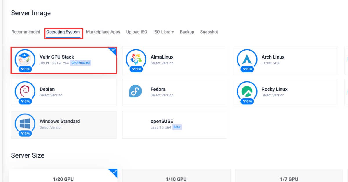 Vultr 客户门户操作系统选择菜单的图像，用于部署 GPU 堆栈