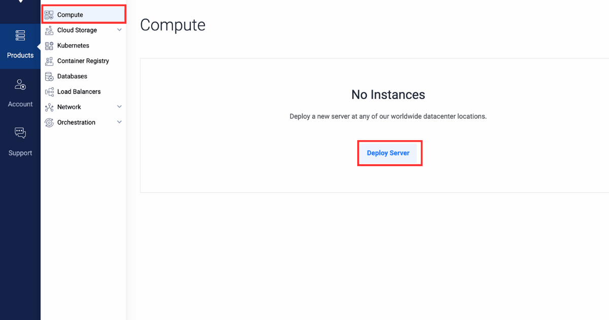Vultr 客户门户的屏幕截图，显示计算侧边菜单，用于部署新的云计算服务器