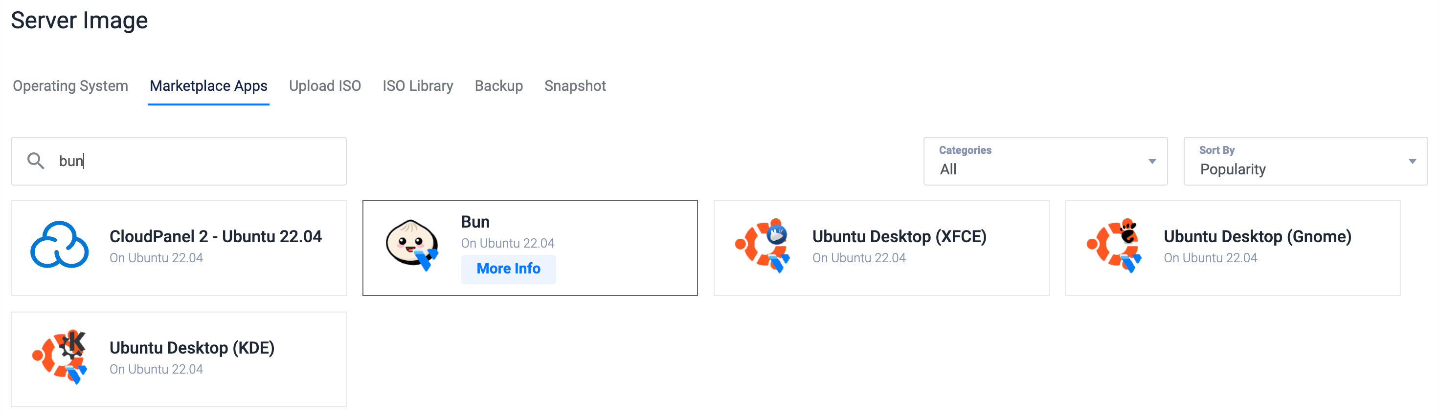 Vultr 客户门户的屏幕截图，显示市场应用程序选项卡，已选择 Bun 选项
