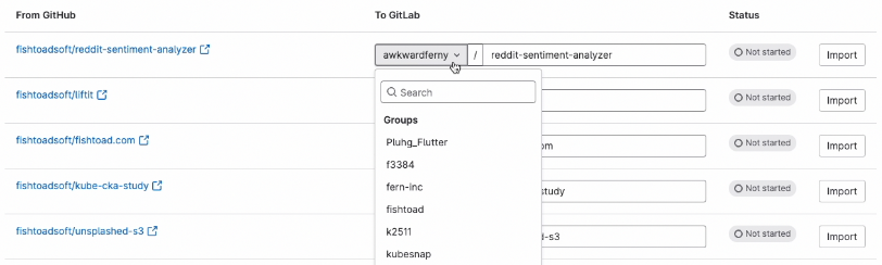 一个屏幕截图，显示第一列中“来自 GitHub”的存储库列表，这些存储库将被转移到第二列中的“到 GitLab”，并在第三列中显示其状态。在“到 GitLab”列中提供了一个下拉菜单，可以选择一个位置。每个存储库都有一个对应的“导入”按钮。