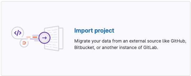 文本显示“导入项目 - 从外部源（如 GitHub、Bitbucket 或 GitLab 的另一个实例）迁移您的数据。插图显示了一个代码符号，通过箭头连接到一个文档，描绘了数据迁移。