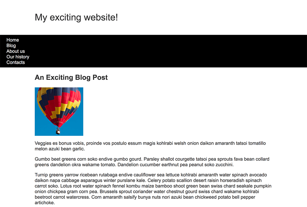 Starting point of the layout task. The elements are not laid out neatly. There is a website title, above a black nav bar with 5 links flush left, followed by the blog post title and post content. Between the blog title and blog content there is a photo that is flush left.