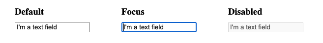 Screenshot of the default, focused and disabled states text input in Chrome on macOS