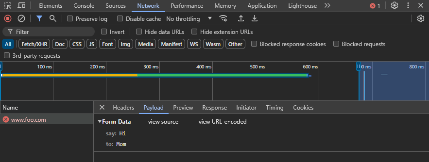 HTTP requests and response data in network monitoring tab in browser's developer tools