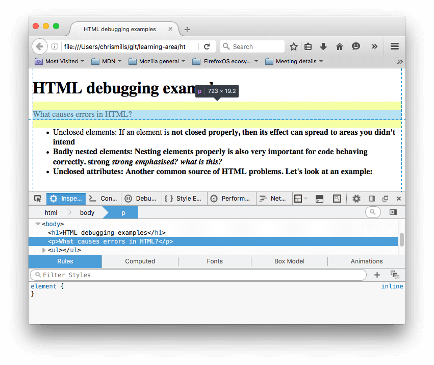 Firefox 中的 HTML 检查器，突出显示了我们示例的段落，显示了文本“What causes errors in HTML？”在这里你可以看到段落元素已经被浏览器关闭了。