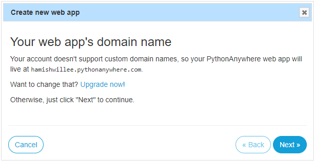 PythonAnywhere 提示，用于设置新 Web 应用程序的域名