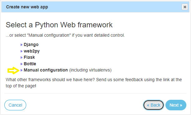 PythonAnywhere 提示，用于选择应用程序使用的 Web 框架