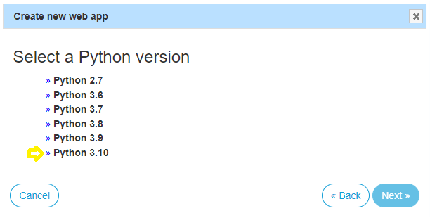 PythonAnywhere 提示，用于选择 Web 应用程序的 Python 版本