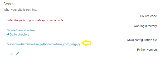 PythonAnywhere Web 选项卡中的 WSGI 文件，代码部分