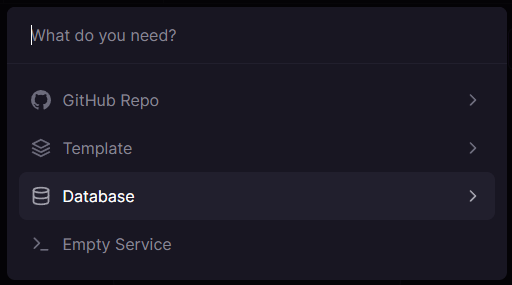 Railway popup showing options for a new service, such as database, GitHub repo, empty service etc