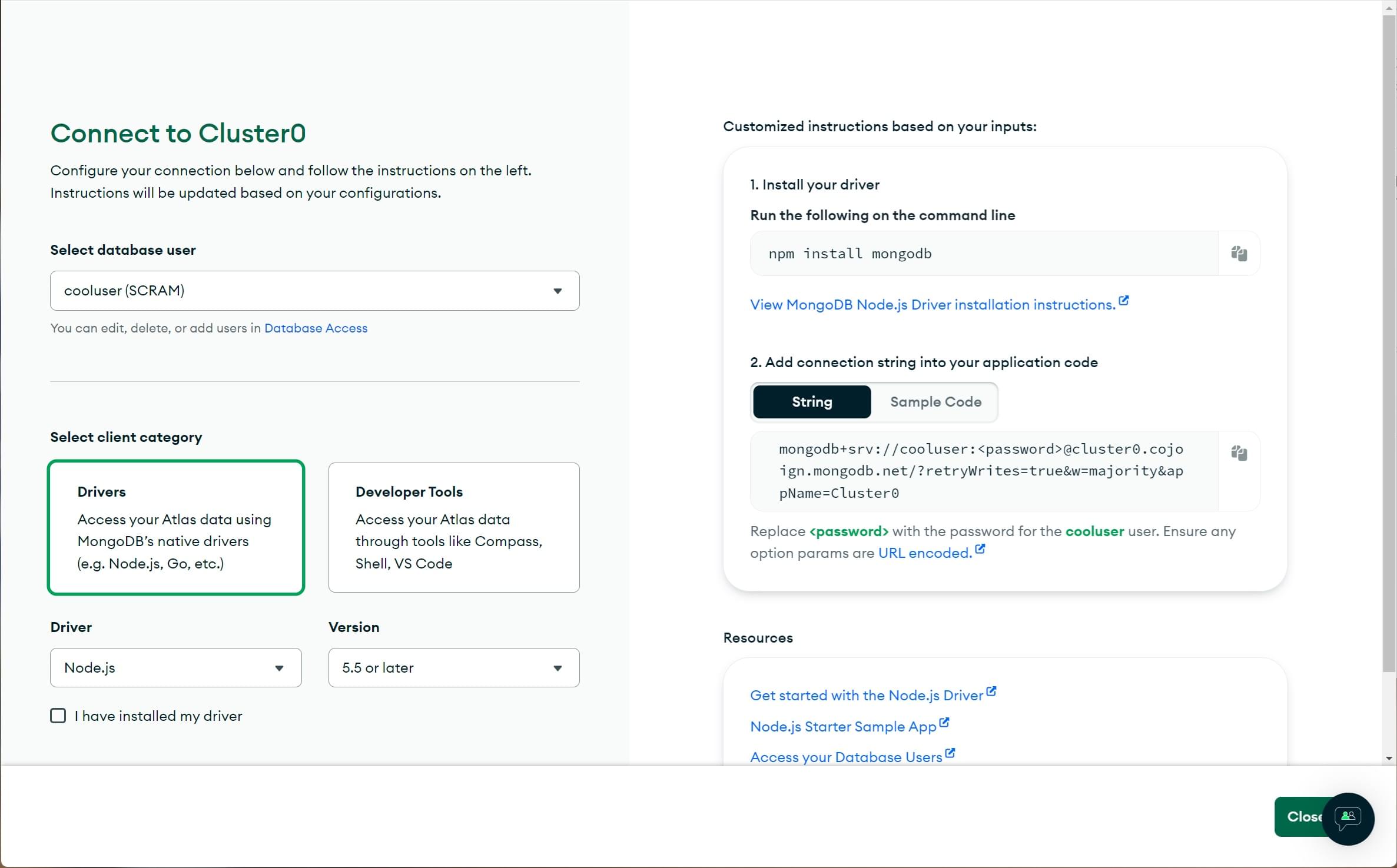 在 MongoDB Atlas 上设置连接时选择 Short SRV 连接。