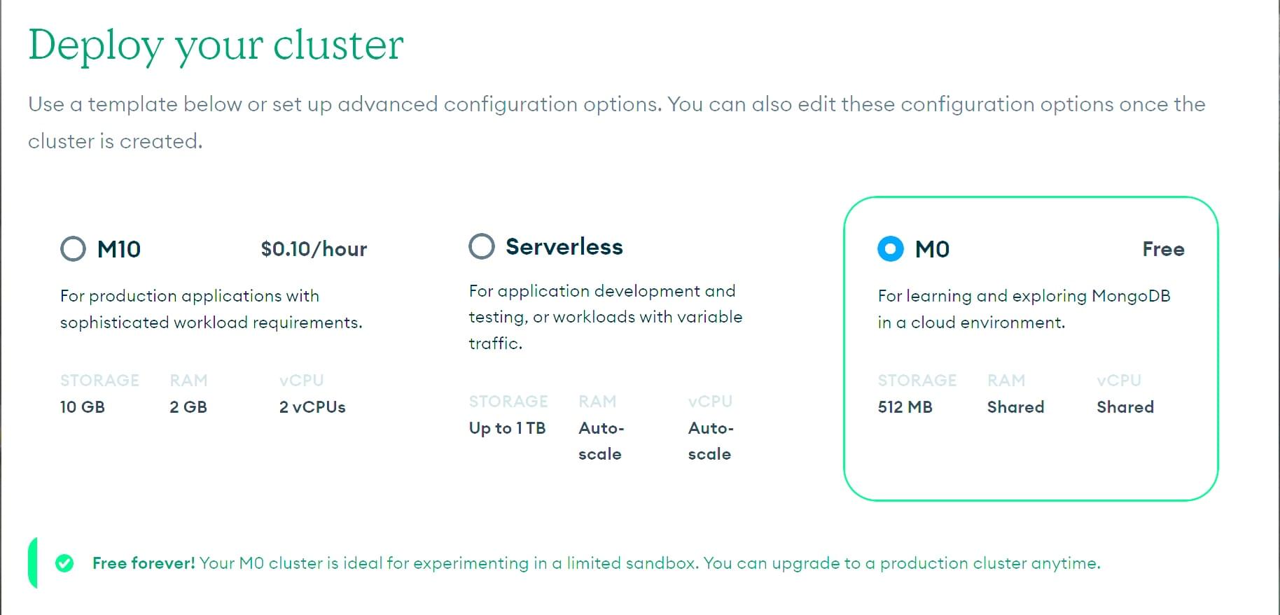 使用 MongoDB Atlas 时选择部署选项。