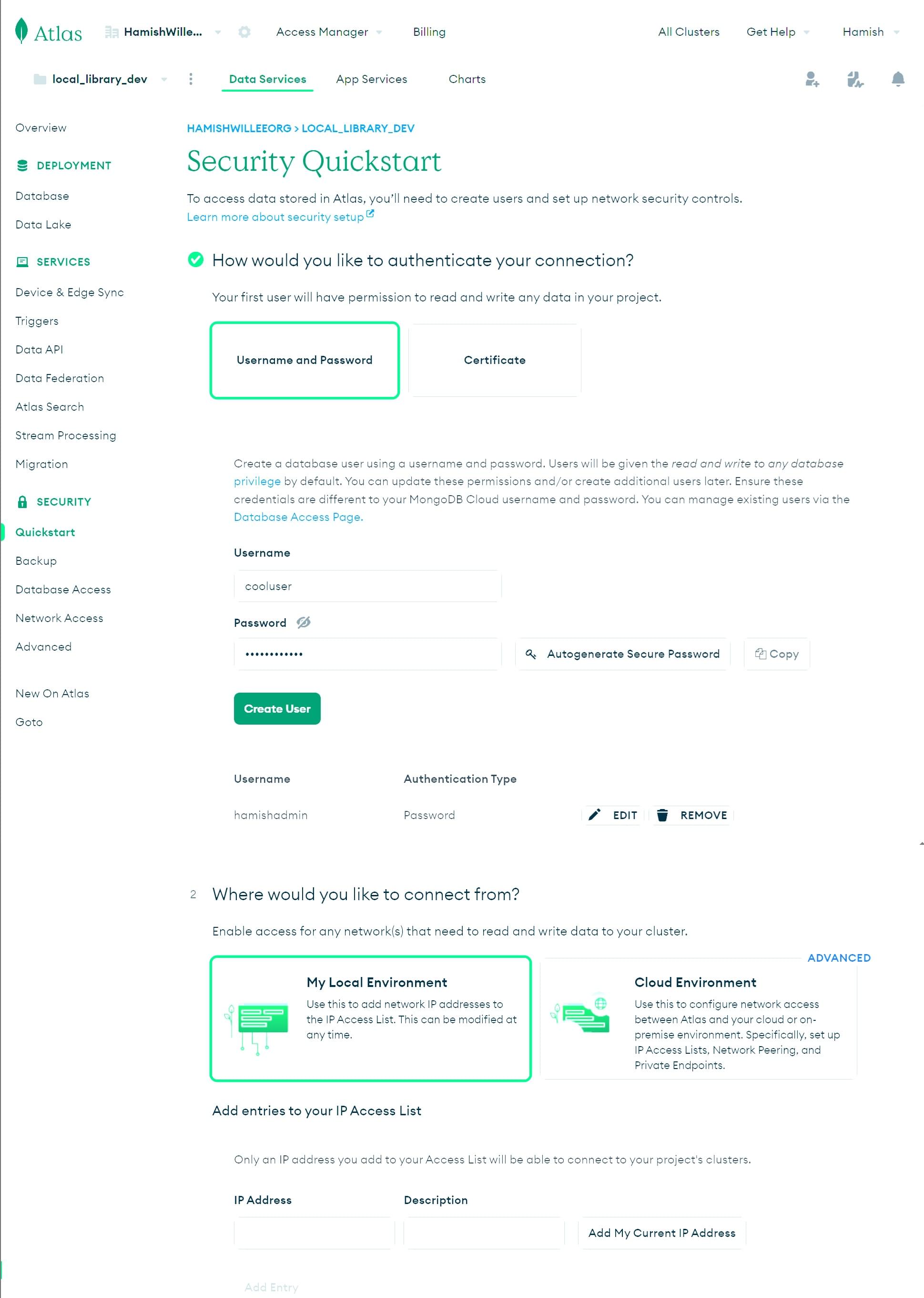 在 MongoDB Atlas 上的安全快速入门屏幕上设置访问规则。