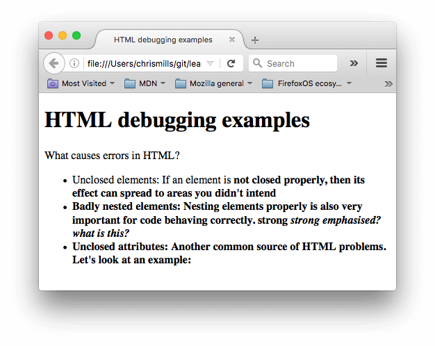 一个简单的 HTML 文档，标题为 HTML 调试示例，以及一些关于常见 HTML 错误的信息，例如未闭合的元素、嵌套错误的元素和未闭合的属性。