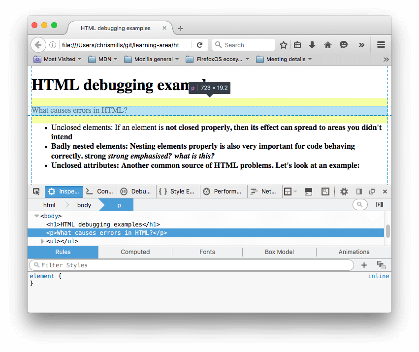 Firefox 中的 HTML 检查器，突出显示了我们示例的段落，显示文本“HTML 中错误的原因是什么？”在这里你可以看到段落元素已被浏览器关闭。