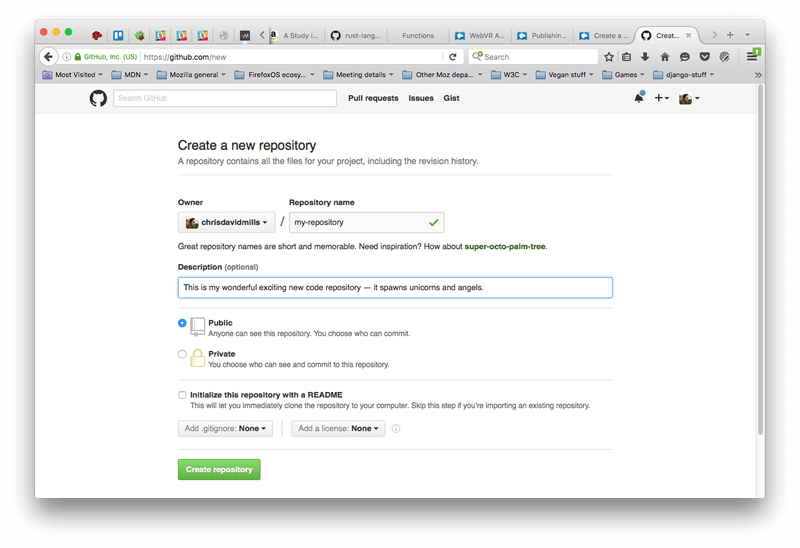 在浏览器中打开了新建仓库页面,已填写了仓库所有者和仓库名称,可选描述也已填写。勾选了“公开”复选框,“私有”复选框未勾选,初始化仓库时是否包含 README 文件也是如此。