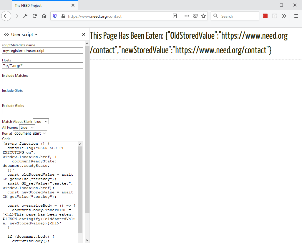 Status message indicating that websites ending in .org have been eaten: "This page has been eaten. {"OldStoredValue:" "website address", "NewStoredValue:" "website address"}"