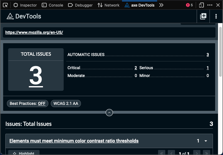 The Axe accessibility testing extension showing accessibility issues found in a webpage.