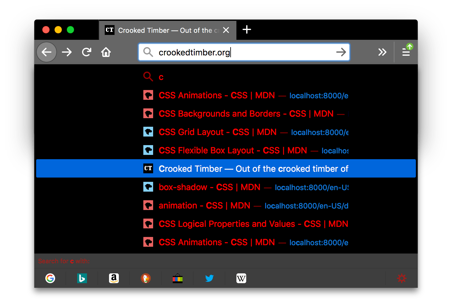 Browser firefox is black. Browser's tabs and URL bar are lighter grey with icons and text in white. A search results popup is displayed with items texts in red. The text color contrasts well with the black background color of the popup.