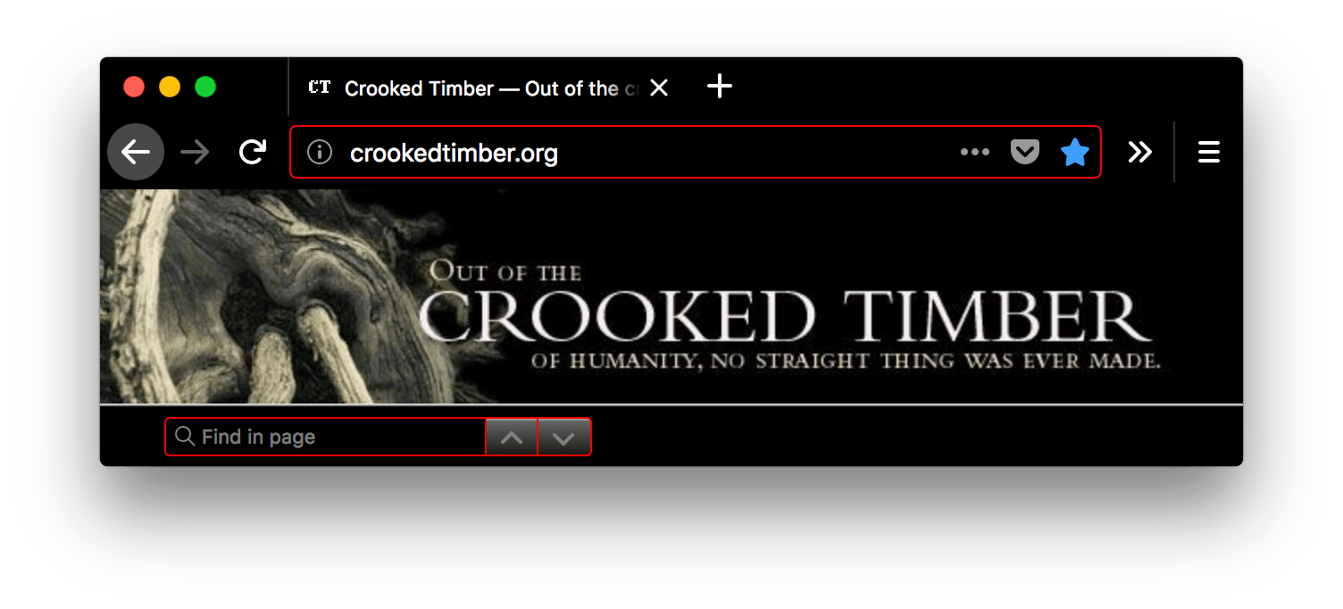 Browser firefox is black. Browser's tab, find in page and URL bar are black with white text and icons. The URL bar and find in page fields are outlined in red.