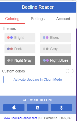 Screenshot showing modes of Beeline Reader a user can adjust in browser