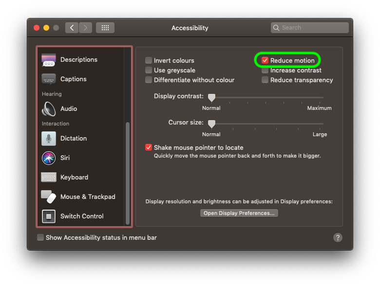 屏幕截图显示如何在 MAC OS 上减少动态效果