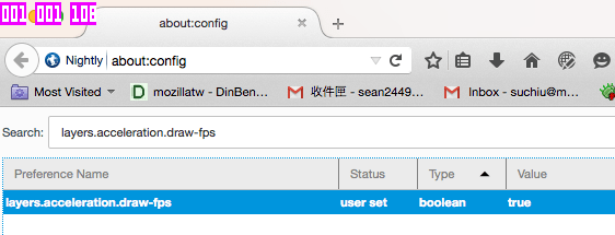 输入搜索词会过滤选项。仅显示 layers.acceleration.draw-fps 首选项，并设置为 true。浏览器左上角出现三个数字（001、001 和 108），叠加在其 UI 上。