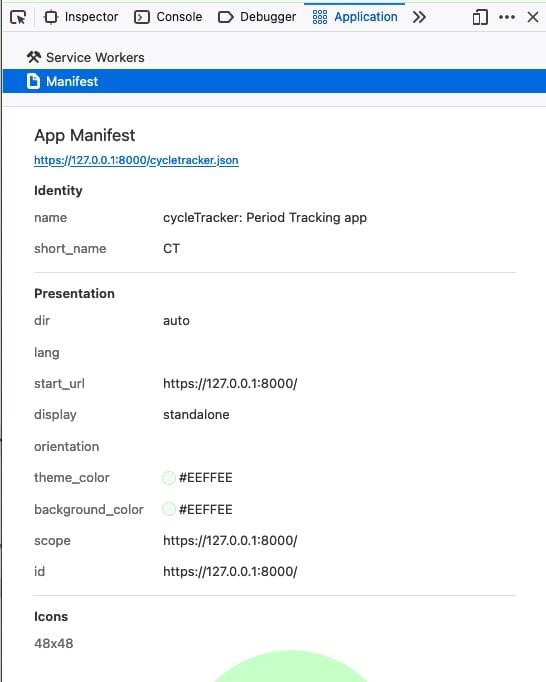 The Manifest panel in Firefox developer tools, showing values for the not included dir, scope, and id members, and the lang and orientation members without associated values.