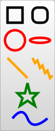 Succession of eight different shapes and drawings. At the top left, a black outline square follow by a black rounded outline square. Below at the left, a red outline circle follow by a red outline ellipse. Below at the left a yellow line, follow by a yellow zigzag. Below the yellow lines, a green outline star and at the end of the image a blue wavy line.