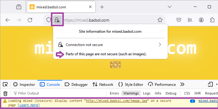Screen shot of the web console displaying display warning for mixed content image.